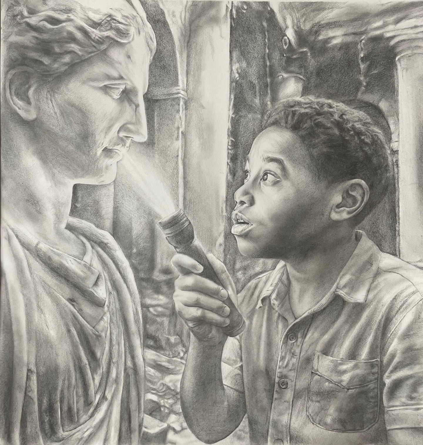 Boy with flashlight and statue — charcoal drawing